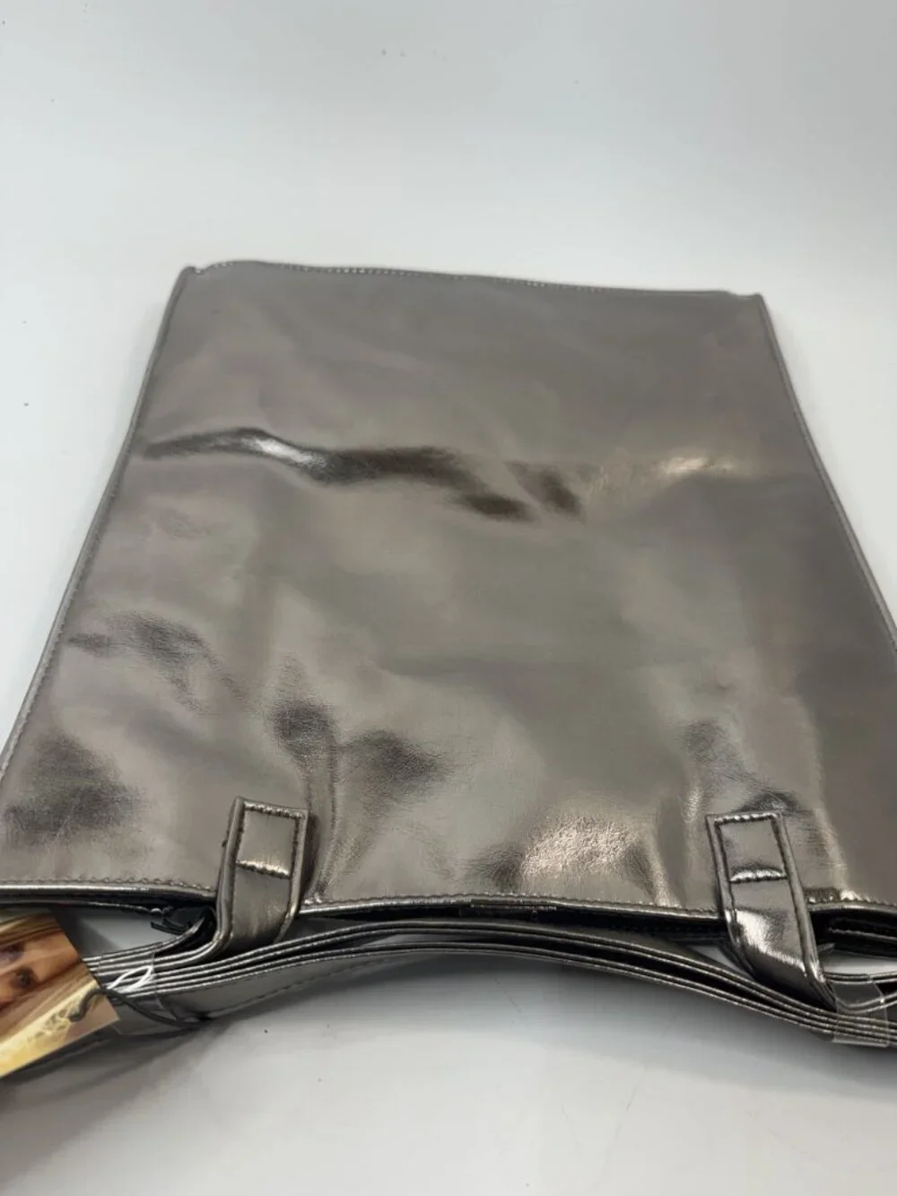DKNY Metallic Silver Tote Bag With Snap Closure & Interior Pocket New